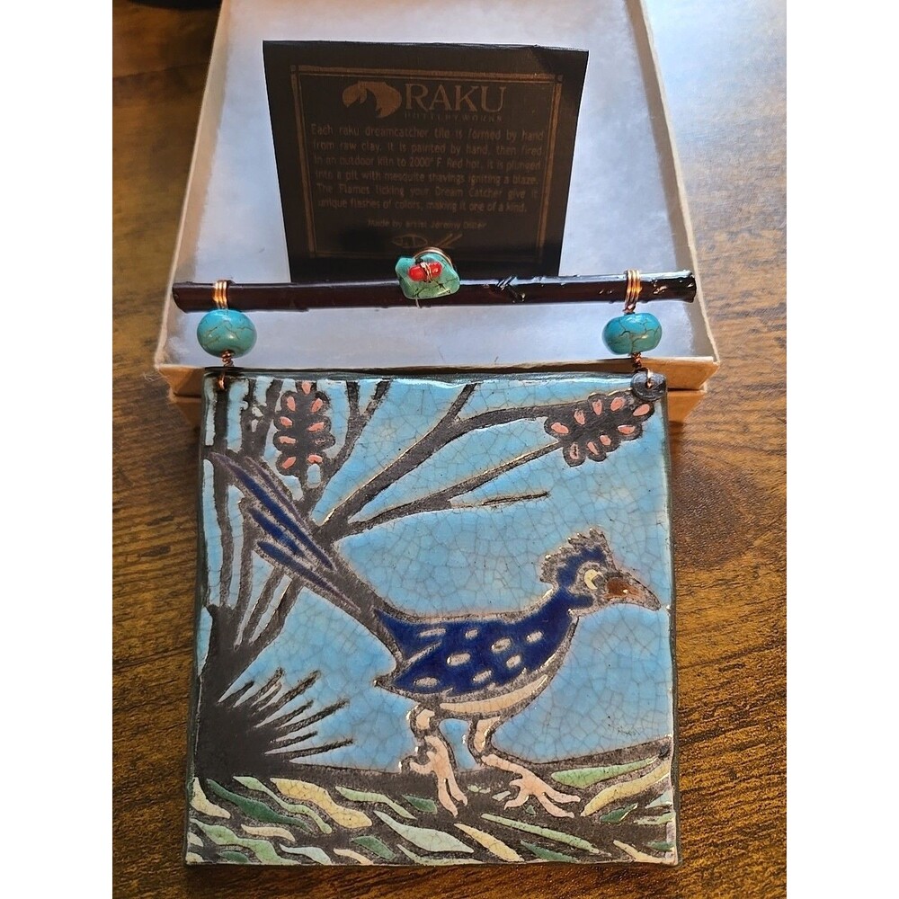 Dreamcatcher Art Tile - Roadrunner - Raku Pottery Signed by Jeremy Diller COA